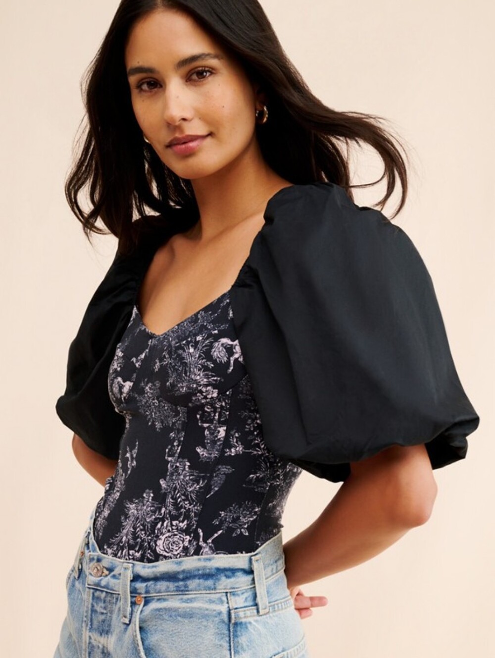 Free People Intimately black horse floral print Prarie Rose puff sleeve bodysuit